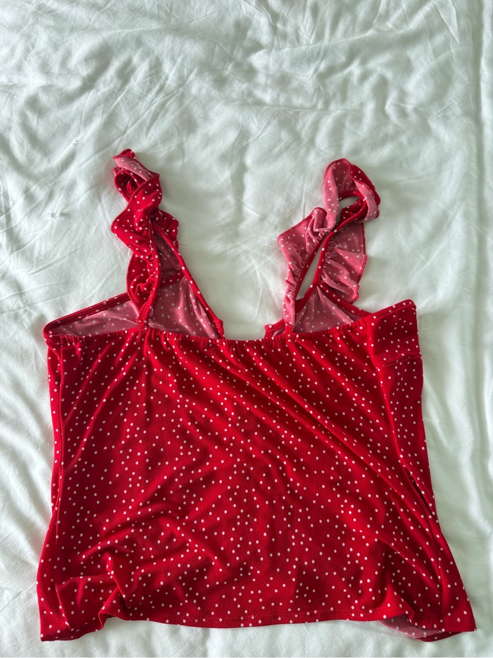 Red Polka Dot Ruffle-Shoulder Ruched Tank Top - Picture 2 of 2